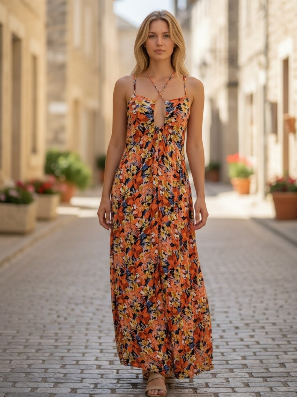 Free People Floral Print Gauze Maxi Sundress, Self-Tie Keyhole Neckline Pockets
